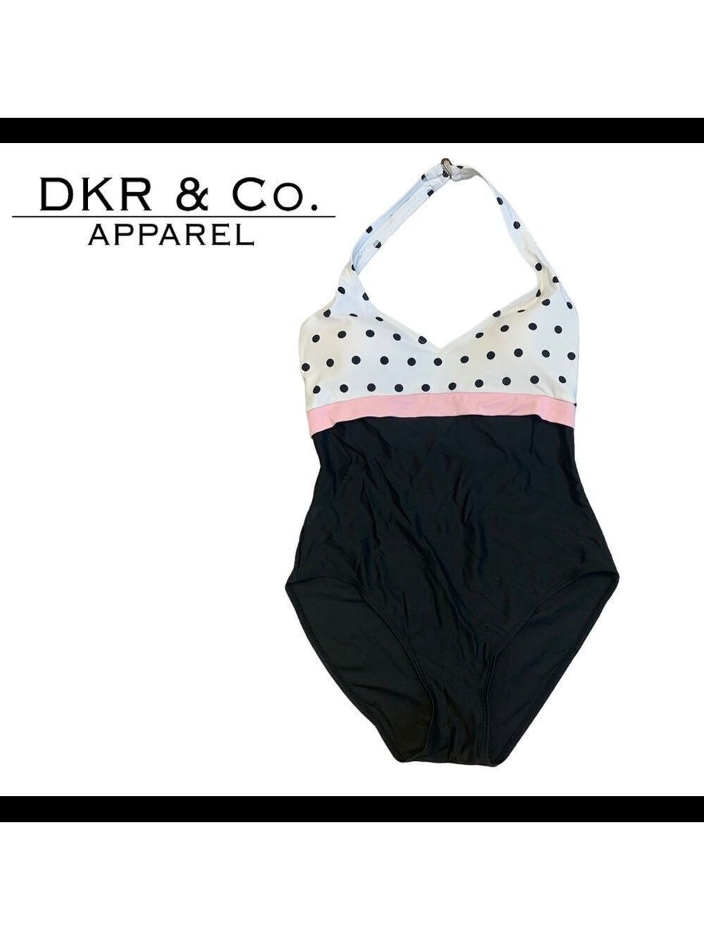 𝅺POLKADOT halter top one piece swimsuit Sz 12 Black white pink